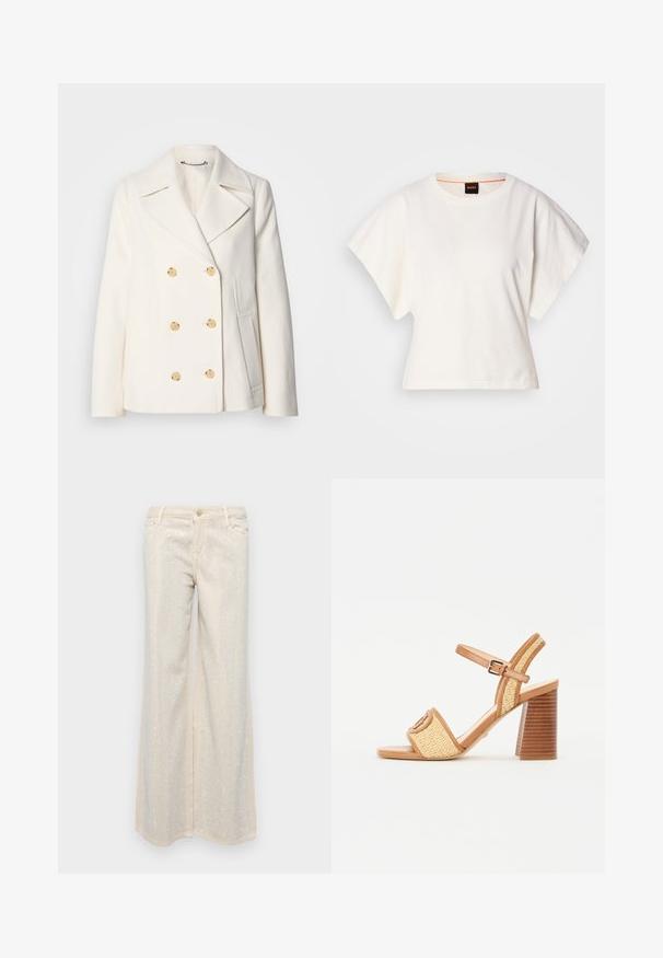 Kétgombos, fehér kabát textúrált anyagból, nagy arany színű gombokkal, csücskös gallérral és oldalzsebekkel.; Fehér, rövid, bő ujjú, crop szabású póló, puha pamut anyagból, kerek nyakkivágással, finom narancssárga díszítéssel, minimalista dizájn, minta vagy grafika nélkül.; Bézs, bő szárú nadrág sima textúrával, amelyek felületén fémes ezüst flitterek vannak elrendezve mintázatban elöl és hátul.; Barna bőr és szőtt szalma magassarkú szandál, bokapánttal, nyitott orral és vastag, fára hasonlító sarokkal, vízszintes csíkokkal.