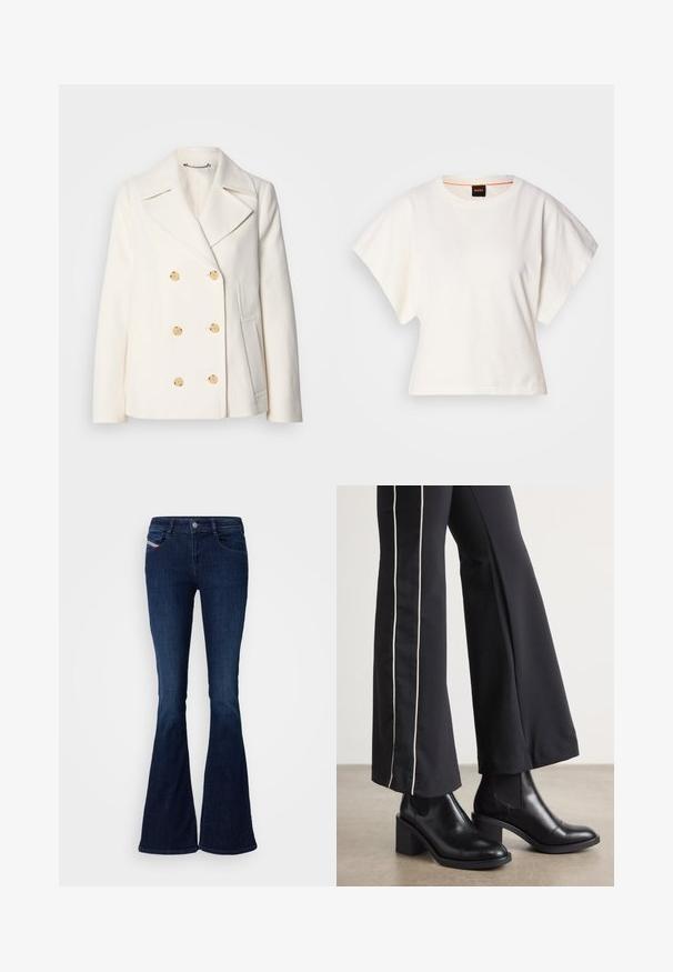 Dva reda gumba bijeli kaput od teksturirane tkanine, sa velikim zlatnim tipkama, reverima i bočnim džepovima.; Bijeli skraćeni T-shirt, široke kratke rukave, mekani pamučni materijal, okrugli izrez s suptilnim narančastim detaljem, minimalistički dizajn, bez uzoraka ili grafika.; Tamno plave trapezaste traperice s glatkom teksturom, koje imaju prednje džepove, zatvaranje na dugme i suptilnu oznaku brenda sa strane.; Crne kožne gležnjače s blok petom, s elastičnim bočnim panelima. Uparene s crnim hlačama koje imaju bijelu bočnu prugu.