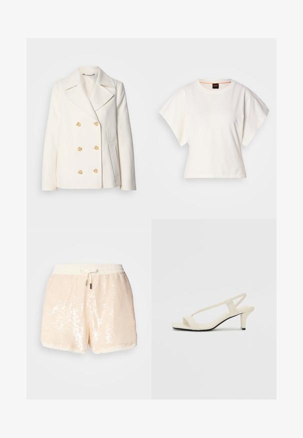 Double-breasted white coat in textured fabric, featuring large gold-tone buttons, notched lapels, and side pockets.; White cropped T-shirt, short wide sleeves, soft cotton material, round neckline with subtle orange trim, minimal design, no patterns or graphics.; Sequin shorts in light beige with an elastic waistband and drawstring. Features a soft lining and smooth texture. Accents include shiny sequins.; Beige block-heeled sandals with thin straps and a square toe. Smooth material with minimal detailing, designed for easy wear.