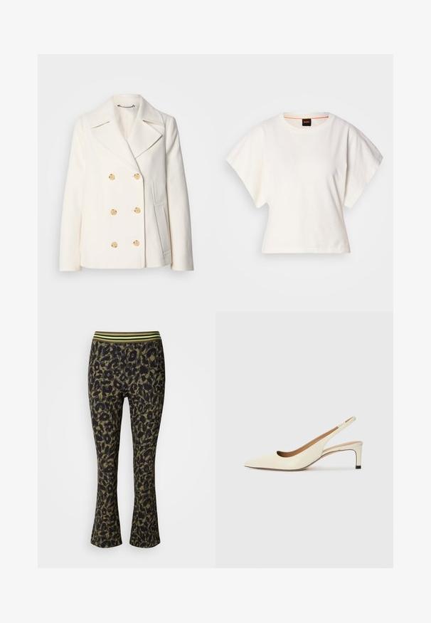Double-breasted white coat in textured fabric, featuring large gold-tone buttons, notched lapels, and side pockets.; White cropped T-shirt, short wide sleeves, soft cotton material, round neckline with subtle orange trim, minimal design, no patterns or graphics.; Leopard print flared pants in dark green and black with a wide elastic waistband featuring green stripes. Soft, stretchy fabric.; Pointed-toe slingback shoe in off-white leather, featuring a low heel and cut-out design with a smooth texture and minimal accents.