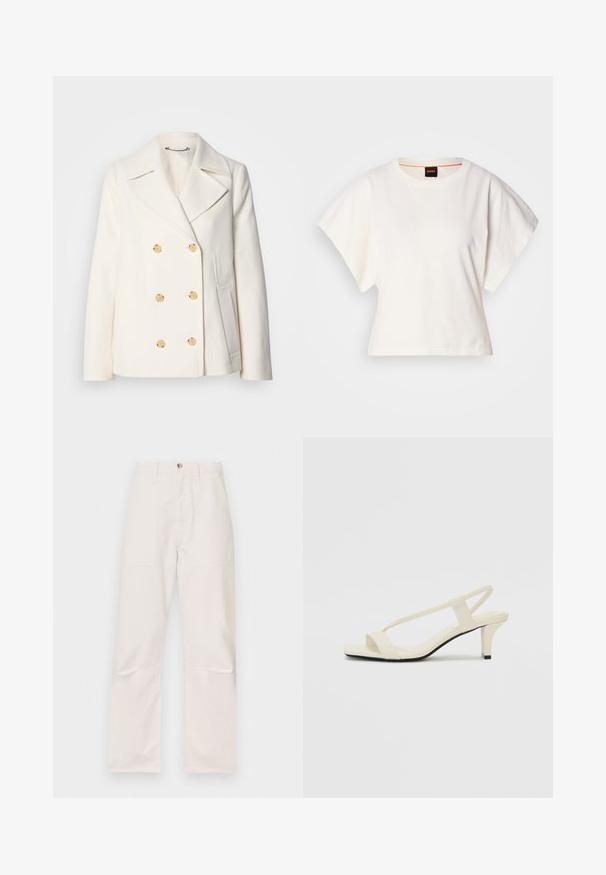 Palton alb cu două rânduri de butoane, realizat dintr-un material texturat, având butoane mari de culoare aurie, rever tip notch și buzunare laterale.; Tricou alb scurt, cu mâneci scurte și largi, din bumbac moale, cu decolteu rotund și un finisaj subtil portocaliu, design minimalist, fără modele sau grafice.; Pantaloni albi cu talie înaltă, confecționați dintr-un material moale, având două buzunare frontale, un design cu picior drept și un singur nasture de închidere în față.; Sandale bej cu toc bloc, cu bretele subțiri și vârf pătrat. Material neted cu detalii minime, concepute pentru a fi ușor de purtat.