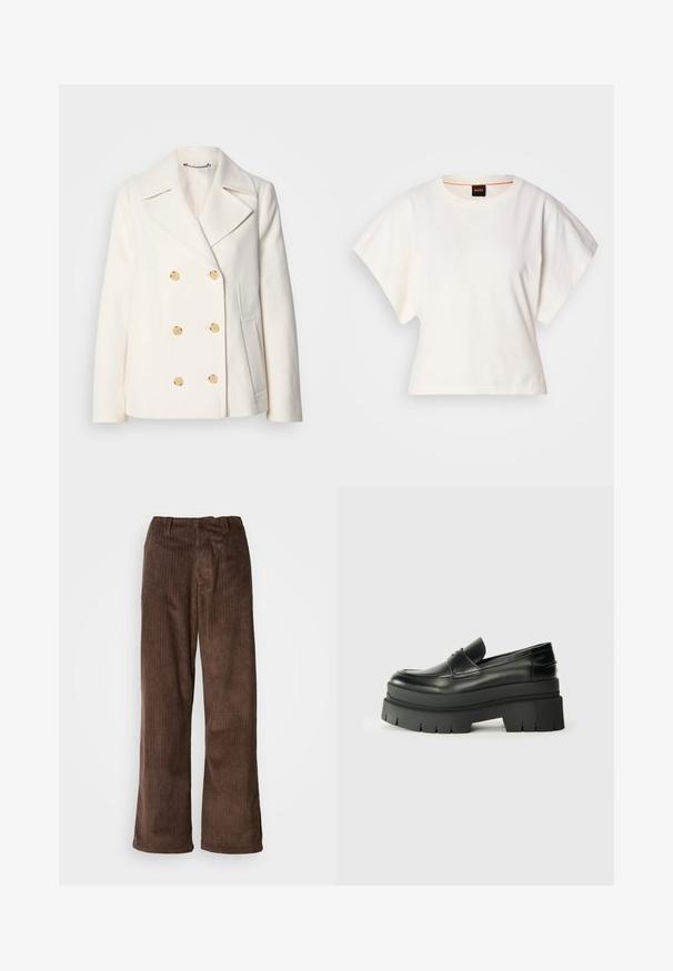 Double-breasted white coat in textured fabric, featuring large gold-tone buttons, notched lapels, and side pockets.; White cropped T-shirt, short wide sleeves, soft cotton material, round neckline with subtle orange trim, minimal design, no patterns or graphics.; Brown corduroy pants with a wide-leg design, featuring vertical ribs and a waistband. The fabric has a soft, textured appearance.; Black leather loafers with a chunky platform sole. Rounded toe, front seam detail, and subtle stitching accents. Flat, textured outsole.