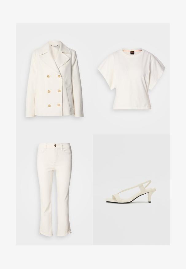 Dvojradový biely kabát z texturovanej tkaniny s veľkými zlatými gombíkmi, s klopami a bočnými vreckami.; Biely skrátený tričko, krátke široké rukávy, mäkký bavlnený materiál, okrúhly výstrih s jemným oranžovým lemovaním, minimalistický dizajn, bez vzorov alebo grafiky.; Biele skrátené džínsy s rozšírenými spodkami. Obsahujú zapínanie na gombík, predné vrecká a mierne rozstrapkaný lem. Denimová tkanina.; Béžové sandále na blokovom podpätku s tenkými pásikmi a štvorcovou špičkou. Hladký materiál s minimálnym detailovaním, navrhnuté pre ľahké nosenie.