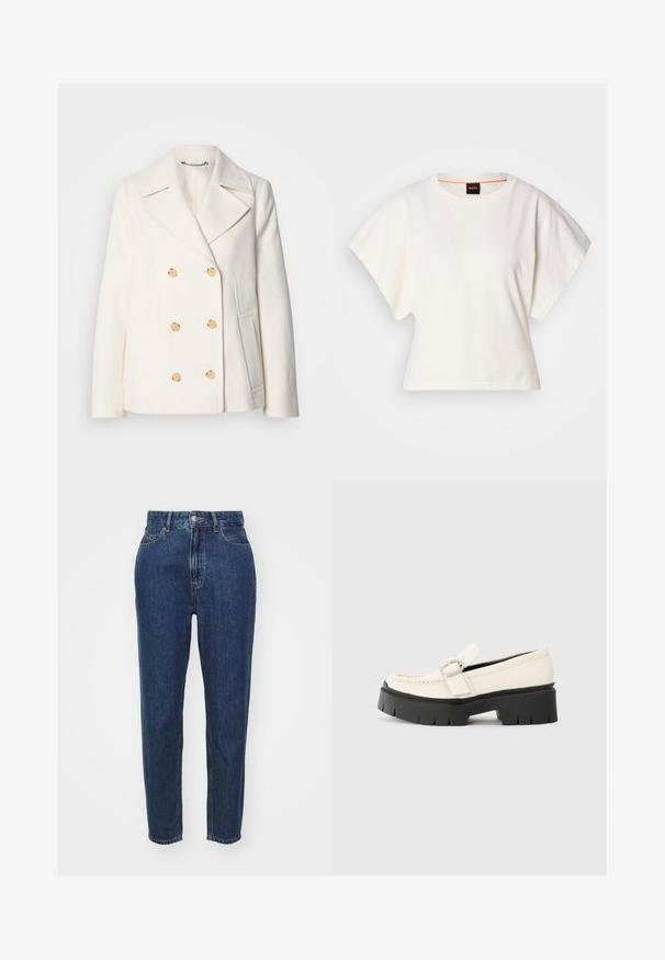 Kahekordne valge mantel tekstureeritud kangast, millel on suured kuldsete nuppudega, küljel olevad taskud ja nurgelised kraed.; Valge lühikeste laiadte varrukatega lühike T-särk, pehme puuvillane materjal, ümar kaelus kergelt oranži ääristusega, minimaalne disain, ilma mustrite ja graafikateta.; Tumesinise värvusega teksapüksid, kõrge vöökoht, sirge säärekujundusega, klassikaline viie taskuga disain ja metallnupuga kinnitamine.; Valge nahast loafer, millel on massiivne must platvormi tald, neljakandiline hõbedane pandla ja nähtavalt õmblusdetail ülaserval.