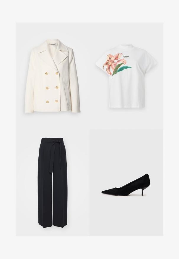 Casaco branco de duplo botão em tecido texturizado, com grandes botões em tom dourado, lapelas recortadas e bolsos laterais.; T-shirt de algodão branco com mangas curtas, apresentando um design floral em rosa e folhas verdes do lado esquerdo. Logótipo "Guess" em cinza acima do design.; Calças pretas de perna larga feitas de tecido macio. Apresentam uma cintura com cinto e pregas frontais. Textura suave com um design clean e contemporâneo.; Sapato de salto alto em camurça preta com bico afunilado e salto baixo e fino. Textura suave com um design elegante, apresentando nenhum hardware visível.