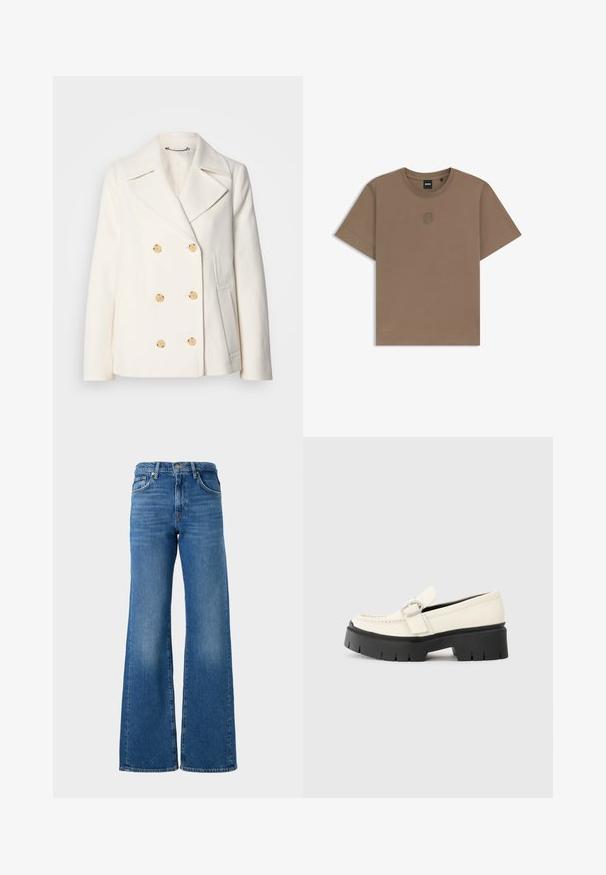 Dobbeltbrystet hvid frakke i struktureret stof med store guldfarvede knapper, spidsrevers og sidelommer.; Brun bomulds t-shirt med korte ærmer, ribbet rund halsudskæring og et lille broderet logo på brystet. Glat tekstur og normal pasform.; Bredde ben blå jeans med en falmet finish, lavet af denim, med et klassisk fem-lomme design og messingknap lukning i taljen.; Hvide læder loafers med en kraftig sort platformsål, der har en rektangulær sølvspænde og synlige syninger på overdelen.