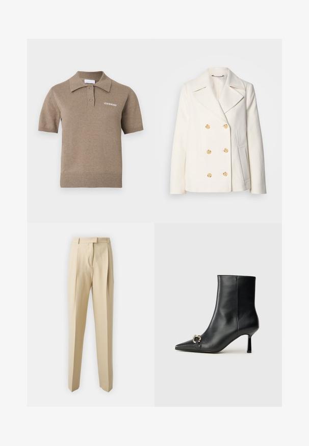 Dubultās krūšu baltas mētelis no teksturēta auduma, ar lieliem zelta toņa pogām, iegrieztiem uzgaļiem un sānu kabatām.; Īsām piedurknēm adīts polo krekls gaiši brūnā krāsā ar ribotu apkakli, trīs pogu aizdari un uz krūtīm izšūtu zīmolu.; Bežīgas pielāgotas bikses ar taisnu griezumu, ar krokām, jostu un gludu faktūru. Nav redzamu kabatu vai rotājumu.; Melnā ādas potīšu zābaku ar smailu purngalu, šauru vidēja augstuma papēdi un sudraba sprādzi sānos uz vienkrāsaina fona.