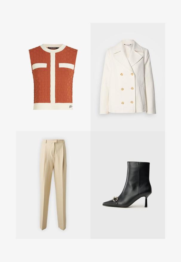 Cappotto bianco doppiopetto in tessuto texture, con grandi bottoni dorati, revers a scialle e tasche laterali.; Top senza maniche in arancio bruciato, con un motivo tessuto testurizzato, accenti bianchi a coste e due tasche sul petto con bordi bianchi.; Pantaloni beige su misura con taglio dritto, dotati di pinces, fascia in vita e texture liscia. Nessuna tasca o decorazione visibile.; Stivale alla caviglia in pelle nera con punta affusolata, tacco sottile di media altezza e dettaglio in fibbia argentata sul lato, su sfondo semplice.