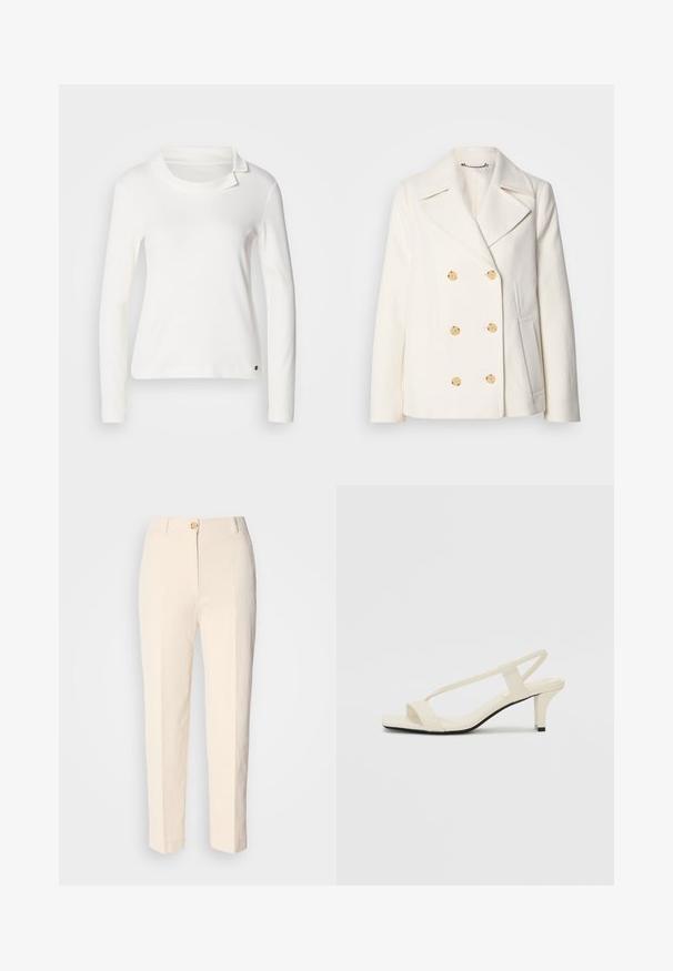 Dvojradový biely kabát z texturovanej tkaniny s veľkými zlatými gombíkmi, s klopami a bočnými vreckami.; Biely dlhý rukáv top s lodičkovým výstrihom a detailom preloženého goliera. Vyrobený z mäkkej tkaniny s hladkou štruktúrou. Malý akcent loga na leme.; Béžové, vysokoklačkové nohavice vyrobené z textúrovanej látky. Obsahujú predné zapínanie na gombík a zúžené nohavice.; Béžové sandále na blokovom podpätku s tenkými pásikmi a štvorcovou špičkou. Hladký materiál s minimálnym detailovaním, navrhnuté pre ľahké nosenie.