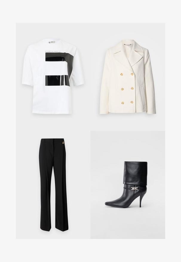 Dwurzędowy biały płaszcz z teksturowanej tkaniny, z dużymi guzikami w kolorze złotym, wykładanymi klapami i kieszeniami bocznymi.; Biała bawełniana koszulka z krótkimi rękawami, z błyszczącym czarnym prostokątnym wzorem graficznym z przodu, na którym znajduje się napis "ELISABETTA FRANCHI."; Czarne spodnie z szerokimi nogawkami, wykonane z gładkiego materiału, w dopasowanym kroju z złotymi detalami na pasku.; Czarne skórzane botki za kostkę z ostrym noskiem, wysokim obcasem w kształcie stiletto, z załamanym mankietem oraz złotym dekoracyjnym zapięciem na kostce.
