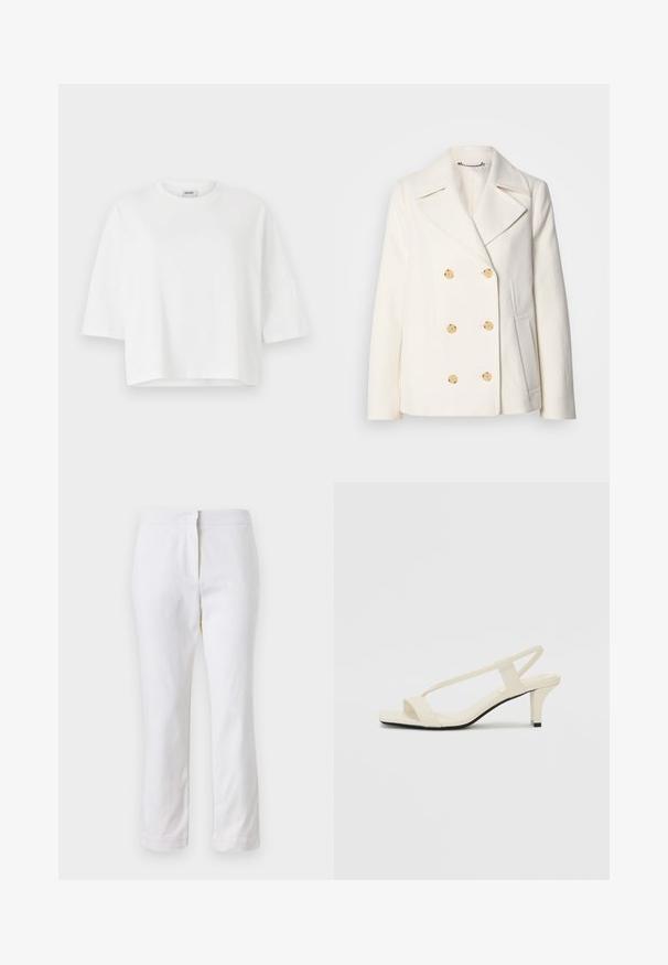 Cappotto bianco doppiopetto in tessuto texture, con grandi bottoni dorati, revers a scialle e tasche laterali.; Maglietta bianca cropped con scollatura rotonda e maniche corte, realizzata in cotone morbido. Design semplice, senza motivi o embellimenti.; Pantaloni bianchi in cotone con design a gamba dritta, caratterizzati da una vita a media altezza e senza hardware o motivi visibili. Tessuto liscio su tutta la superficie.; Sandali con tacco a blocco beige, con sottili cinturini e punta quadrata. Materiale liscio con dettagli minimi, progettati per un facile utilizzo.