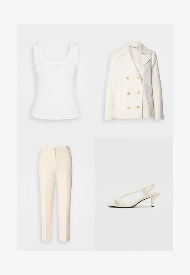 Manteau blanc croisé en tissu texturé, ornée de grandes boutons dorés, de revers crantés et de poches latérales.; Débardeur blanc ajusté avec un décolleté carré et de larges bretelles. Présente une texture côtelée et un petit logo triangulaire au centre à l'avant.; Pantalons taille haute couleur crème en tissu texturé. Dotés d'une fermeture à bouton à l'avant et de jambes fuselées.; Sandales beiges à talons carrés avec des fines brides et un bout carré. Matière lisse avec des détails minimaux, conçues pour un port facile.