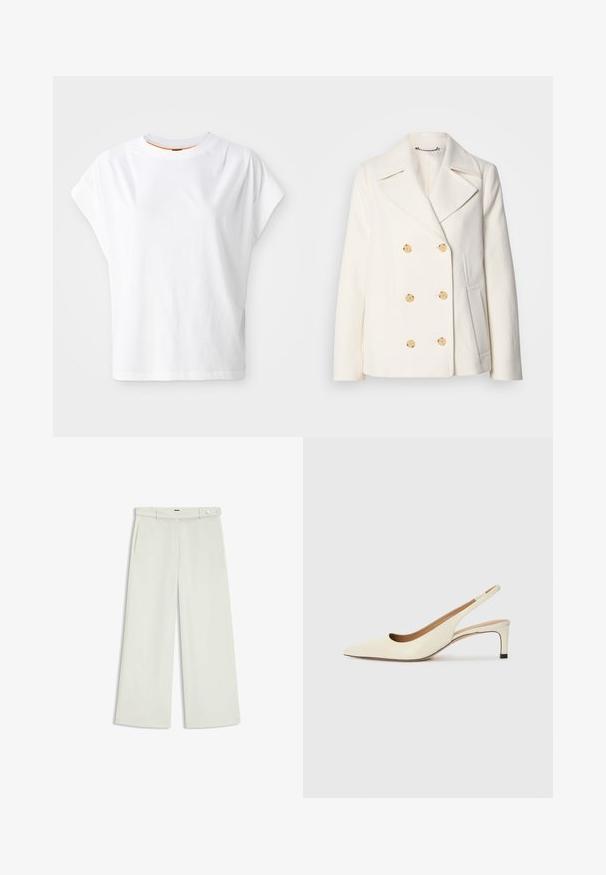 Dobbeltbrystet hvid frakke i struktureret stof med store guldfarvede knapper, spidsrevers og sidelommer.; Hvid T-shirt med korte ærmer og løst fit. Har rund halsudskæring og subtil logo-detalje på forsiden. Fremstillet af bomuldsstof.; Bredde bukser i lys cremefarvet stof, med sidelommer, flad front og en enkelt knaplukning i taljen. Glat tekstur.; Sko med spids tå og slingback i off-white læder, med en lav hæl og udskæringsdesign, der har en glat tekstur og minimale accenter.