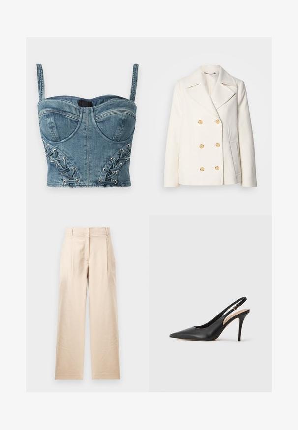 Kahekordne valge mantel tekstureeritud kangast, millel on suured kuldsete nuppudega, küljel olevad taskud ja nurgelised kraed.; Sinise värvi denimi lühendatud bustier, millel on reguleeritavad rihmad, struktureeritud kausid ja külgedel silmadega nöörimisdetail, millel on kootud aktsendid.; Beežid püksid siledast kangast. Omavad sirget lõiget, lame esiosa ja kahte voldikut. Puuduvad nähtavad mustrid või riistvara.; Mustaga nahast slingback kõrge kontsaga jalanõud terava toe ja sileda tekstuuriga, delikaatse rihmaga, mis on varustatud metallist säärekohaga.