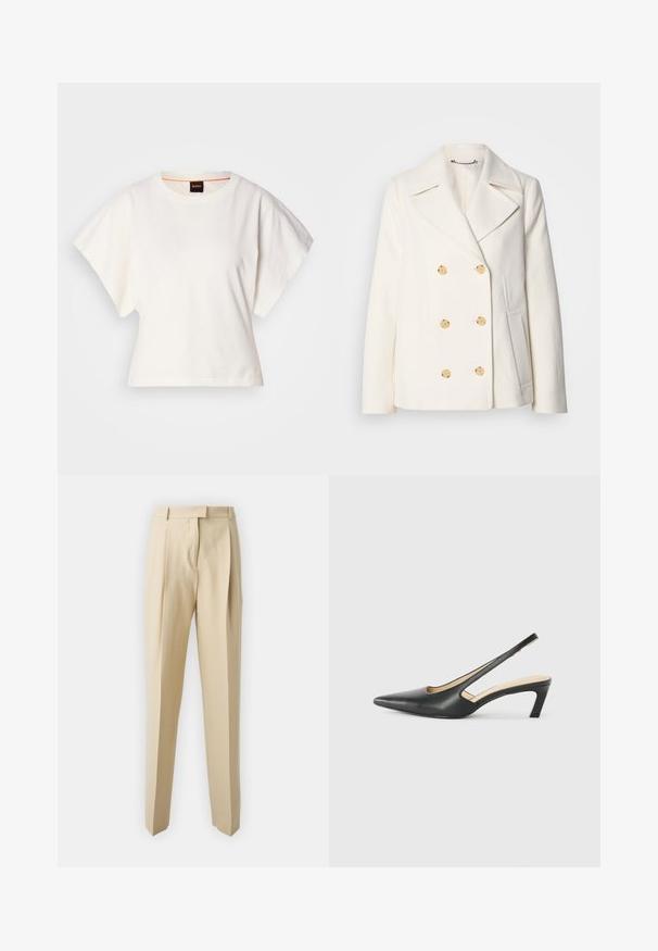 Kahekordne valge mantel tekstureeritud kangast, millel on suured kuldsete nuppudega, küljel olevad taskud ja nurgelised kraed.; Valge lühikeste laiadte varrukatega lühike T-särk, pehme puuvillane materjal, ümar kaelus kergelt oranži ääristusega, minimaalne disain, ilma mustrite ja graafikateta.; Beez värvi jalatsid, sirgete lõigetega, kergelt kortsulistedetailide, vöökoha ja siledaga tekstuuriga. Ei ole nähtavaid taskuid ega kaunistusi.; Must mustaga, terav varvas, madala kontsaga sildiga king, mis on valmistatud siledast nahast ja mille küljel on lõike disain hingavuse tagamiseks.