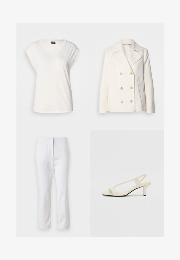 Double-breasted white coat in textured fabric, featuring large gold-tone buttons, notched lapels, and side pockets.; White short-sleeve T-shirt with a scoop neck and gathered shoulder detail. Subtle logo in rhinestones on the left side. Soft fabric texture.; White cotton pants with a straight leg design, featuring a mid-rise waist and no visible hardware or patterns. Smooth texture throughout.; Beige block-heeled sandals with thin straps and a square toe. Smooth material with minimal detailing, designed for easy wear.