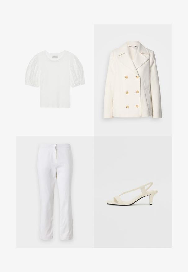 Palton alb cu două rânduri de butoane, realizat dintr-un material texturat, având butoane mari de culoare aurie, rever tip notch și buzunare laterale.; Tricou alb din bumbac, însotit de mâneci din tul brodat și puff. Design clasic cu gât rotund și croială lejeră. Estetică simplă și modernă.; Pantaloni din bumbac alb, cu un design drept, având talie medie și fără hardware sau modele vizibile. Textură uniformă pe întreaga suprafață.; Sandale bej cu toc bloc, cu bretele subțiri și vârf pătrat. Material neted cu detalii minime, concepute pentru a fi ușor de purtat.
