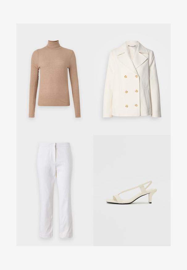 Dvojradový biely kabát z texturovanej tkaniny s veľkými zlatými gombíkmi, s klopami a bočnými vreckami.; Béžový rolák z rebrovanej látky, s dlhými rukávmi a priliehavým strihom. Žiadne viditeľné vzory ani akcenty.; Biele bavlnené nohavice so striedmym strihom, s pásom strednej výšky a bez viditeľných kovových prvkov alebo vzorov. Hladká textúra po celom obvode.; Béžové sandále na blokovom podpätku s tenkými pásikmi a štvorcovou špičkou. Hladký materiál s minimálnym detailovaním, navrhnuté pre ľahké nosenie.