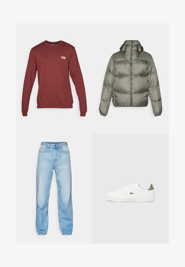 Giacca a vento in verde oliva, con colletto alto, zip frontale e polsini elasticizzati. Design leggermente trapuntato con un sottile dettaglio di branding.; Felpa rossa a maniche lunghe in misto cotone, con collo, polsini e orlo a coste, e un piccolo logo sul petto.; Jeans azzurri chiari in denim, con taglio dritto, design a cinque tasche e chiusura a bottone visibile con cuciture in contrasto.; Sneakers bianchi con una texture liscia, caratterizzate da un accento verde sul tallone e un piccolo logo ricamato a forma di coccodrillo sul lato.