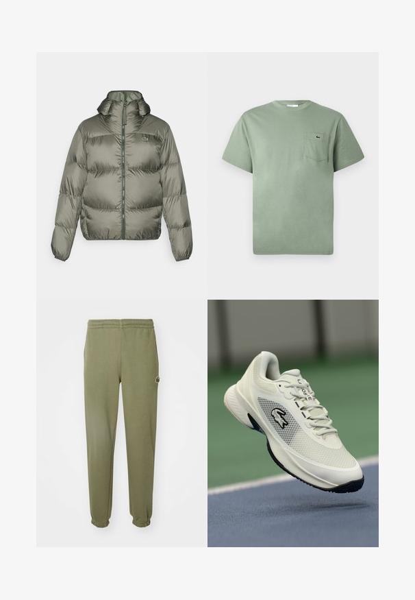 Pufast jakna v olivno zeleni barvi, z visokim ovratnikom, zadrgo spredaj in elastičnimi manšetami. Rahlo prešita zasnova z diskretnim logotipom.; Svetlozelena kratkosleeva bombažna majica z žepom na prsih, okrašena z majhnim vezenim krokodilom.; Olivno zeleni trenirka narejena iz mehke tkanine, z elastičnim pasom in manšetami, z majhnim blagovnim znakom na stegnu.; Bela atletska superga z mrežastim zgornjim delom, črnimi akcenti, teksturiranim podplatom in izpostavljenim logotipom na strani, prikazana v ozadju igrišča.
