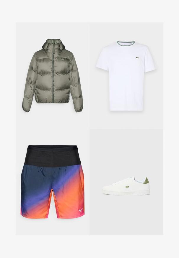 Pūdera jaka olīvu zaļā krāsā, ar augstu apkakli, ar rāvējslēdzēju priekšpusē un gumijas aprocēm. Viegls quiltēts dizains ar diskrētu zīmola detaļu.; Balta kokvilnas T-kreklā ar īsām piedurknēm un ribotu apkakli, kas rotāta ar zaļām un melnām svītrām; neliels zaļš izšūts logo kreisajā krūtī.; Vīriešu sporta šorti ar gradienta dizainu no tumši zila līdz oranžam, ar melnu jostu un gludu, vieglu audumu.; Baltas sporta apavi ar gludu virsmu, ar zaļu akcentu uz papēža un mazu izšūtu krokodila logo sānos.