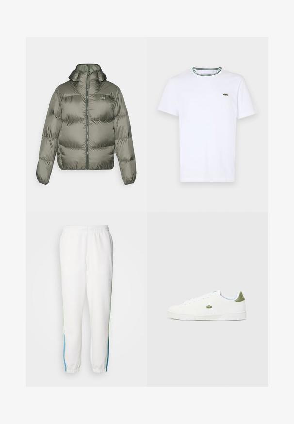 Olive spalvos pūkinė striukė, su aukštu apykakle, užtrauktuku priekyje ir elastingomis rankovėmis. Lengvai siuvinėtas dizainas su subtiliu prekiniu ženklu.; Balta medvilninė trumpo rankovės marškinėliai su įsiūtu apykakle, dekoruota žaliais ir juodais dryžiais; mažas žalias siuvinėtas logotipas kairėje krūtinės pusėje.; Baltos sportinės kelnės su elastingu juosmeniu, su žaliomis ir mėlynomis šoninėmis juostelėmis. Minkšta medžiaga su siaurėjančiu kulkšnių dizainu.; Baltos sportiniai bateliai su lygaus paviršiaus tekstūra, kuriuose yra žalias akcentas kulne ir mažas siuvinėtas krokodilo logotipas šone.