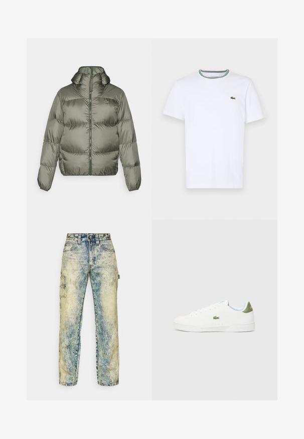Vihreä puhvijakku, jossa on korkea kaulus, vetoketjukiinnitys ja joustavat hihansuut. Kevyesti päällystetty muotoilu, jossa on hillitty brändityyny.; Valkoinen puuvillainen lyhythihainen T-paita, jossa on ribbikaarroke ja vihreitä sekä mustia raitoja; pieni vihreä kirjailtu logo vasemmassa rinnassa.; Harekat-harekat longgar dalam denim biru pudar, dilengkapi dengan banyak poket, jahitan yang terlihat, dan tekstur yang sudah usang dengan kerutan ringan.; Valkoiset tennarit, joissa on sileä pinta, vihreä yksityiskohta kantapäässä ja pieni brodeerattu krokotiililogo sivussa.