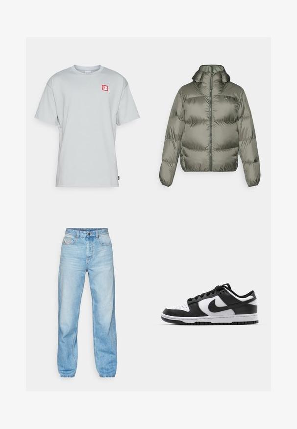 Pufast jakna v olivno zeleni barvi, z visokim ovratnikom, zadrgo spredaj in elastičnimi manšetami. Rahlo prešita zasnova z diskretnim logotipom.; Nike Performance LIVERPOOL FC NIKE PRM JOCKTAG TEE - Klubska moštva - light smoke grey; Svetlo modri džins hlače iz denima, z naravnim krojem, petimi žepi in vidnim zapenjanjem z gumbi ter kontrastnim šivom.; Črno-bele Nike Dunk teniske z usnjenim zgornjim delom, perforiranim prstom, črnimi vezalkami in črnim gumijastim podplatom s profilom.