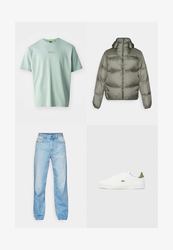 Olive spalvos pūkinė striukė, su aukštu apykakle, užtrauktuku priekyje ir elastingomis rankovėmis. Lengvai siuvinėtas dizainas su subtiliu prekiniu ženklu.; Šviesiai žalia T-marškiniai, pagaminti iš minkštos medvilnės, su trumpomis rankovėmis ir apvaliu kaklu. Priekyje išsiuvinėtas "BOSS" logotipas.; Šviesiai mėlyni džinsai, pagaminti iš džinsinio audinio, turi tiesų kirpimą, penkių kišenių dizainą ir matomą mygtukinę užsegimą su kontrastingu siuvimu.; Baltos sportiniai bateliai su lygaus paviršiaus tekstūra, kuriuose yra žalias akcentas kulne ir mažas siuvinėtas krokodilo logotipas šone.