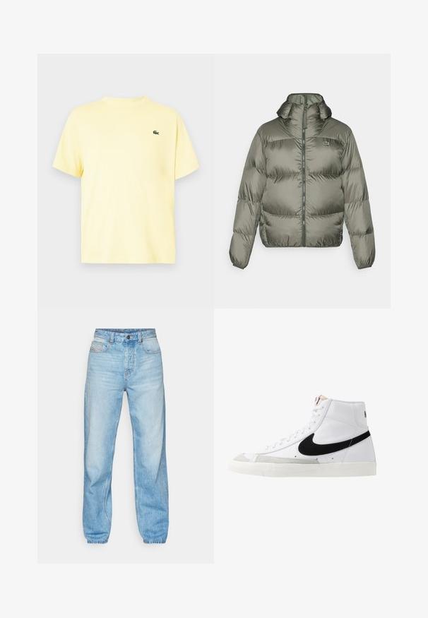 Giacca a vento in verde oliva, con colletto alto, zip frontale e polsini elasticizzati. Design leggermente trapuntato con un sottile dettaglio di branding.; Maglietta gialla in cotone con maniche corte, collo rotondo e piccolo logo ricamato verde sul petto a sinistra. Tessuto liscio e vestibilità comoda.; Jeans azzurri chiari in denim, con taglio dritto, design a cinque tasche e chiusura a bottone visibile con cuciture in contrasto.; Sneakers alta bianche con uno swoosh nero, punta grigia testurizzata e suola piatta bianca. Presentano sei passanti e dettagli cuciti.