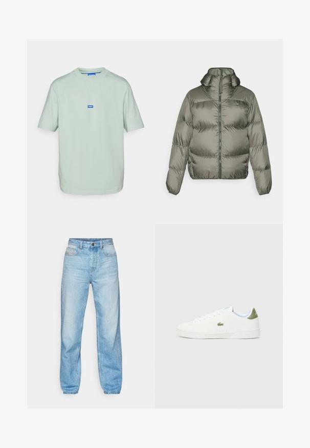 Zeleno-olivová péřová bunda s vysokým límcem, předním zipem a elastickými manžetami. Lehce prošívaný design s diskrétními detaily značky.; HUGO NIEROS - Jednoduché tričko - light/pastel green; Světle modré džíny vyrobené z denimu, s rovný střihem, pěti kapsami a viditelným zapínáním na knoflíky se kontrastním prošíváním.; Bílé tenisky s hladkým povrchem, s zeleným akcentem na patě a malým vyšívaným logem krokodýla na boku.