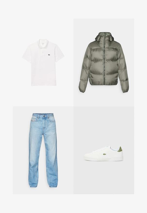 Fleecejacka i olivgrön färg, med hög krage, dragkedja fram och elastiska muddar. Lätt vadderad design med subtilt varumärkesdetalj.; Vit pikétröja i bomull med standardkrage, korta ärmar och en liten marinblå logga på vänster bröst.; Ljusblå jeans i denim med rak skärning, femficka design och en synlig knappgylf med kontrasterande sömmar.; Vita sneakers med en slät textur, med en grön detalj vid hälen och en liten broderad krokodil-logga på sidan.