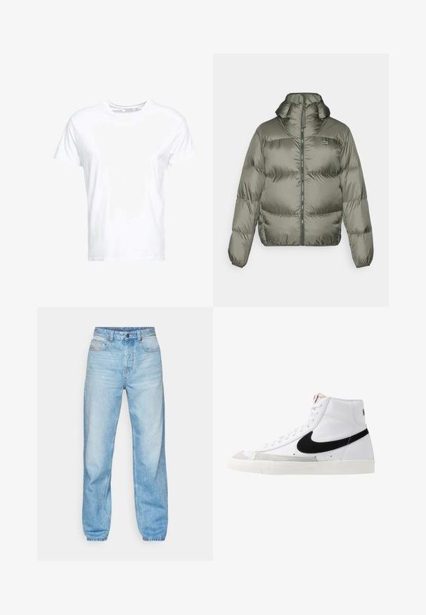 Pufast jakna v olivno zeleni barvi, z visokim ovratnikom, zadrgo spredaj in elastičnimi manšetami. Rahlo prešita zasnova z diskretnim logotipom.; Bela bomba iz bombaža ima okroglo ovratnik in kratke rokave, s klasičnim krojem in gladko teksturo. Ni vidnih vzorcev ali dodatkov.; Svetlo modri džins hlače iz denima, z naravnim krojem, petimi žepi in vidnim zapenjanjem z gumbi ter kontrastnim šivom.; Bele visoke teniske z črnim swooshom, teksturiranim sivim nosilcem in ravnim belim podplatom. Imajo šest odprtin za vezalke in šivane detajle.