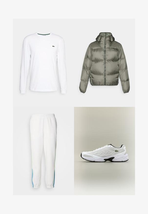 Olive spalvos pūkinė striukė, su aukštu apykakle, užtrauktuku priekyje ir elastingomis rankovėmis. Lengvai siuvinėtas dizainas su subtiliu prekiniu ženklu.; Balta ilgomis rankovėmis marškinėliai, pagaminti iš medvilnės, su apvaliu dekolté ir žaliu siuvinėtų logotipu kairėje krūtinės pusėje. Minkšta tekstūra ir prigludęs dizainas.; Baltos sportinės kelnės su elastingu juosmeniu, su žaliomis ir mėlynomis šoninėmis juostelėmis. Minkšta medžiaga su siaurėjančiu kulkšnių dizainu.; Balti sportiniai bateliai su tekstūruotu tinkliniu viršumi, lenkta forma ir kontrastingu juodu padu. Šone turi žalią siuvinėtą logotipą.