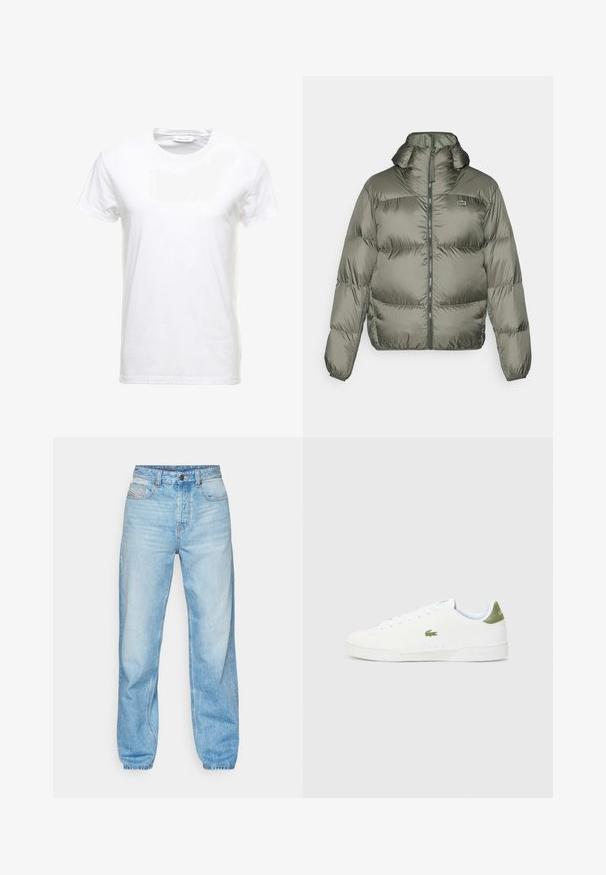 Puffjakke i olivengrøn med høj krave, lynlås foran og elastiske manchetter. Let quiltet design med diskret brandingdetalje.; Hvid bomulds T-shirt med korte ærmer, rund halsdesign og en glat tekstur. Etiket synlig ved halsudskæringen. Enkel og klassisk stil.; Lyseblå jeans lavet af denim, med lige pasform, fem-lomme design og synlig knaplukning med kontraststing. ; Hvide sneakers med en glat overflade, der har en grøn detalje ved hælen og et lille broderet krokodillelogo på siden.