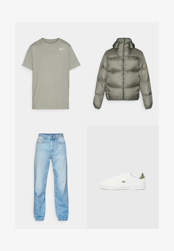 Pufast jakna v olivno zeleni barvi, z visokim ovratnikom, zadrgo spredaj in elastičnimi manšetami. Rahlo prešita zasnova z diskretnim logotipom.; Nike Performance TEE CREW SOLID - Športne majice - dark stucco; Svetlo modri džins hlače iz denima, z naravnim krojem, petimi žepi in vidnim zapenjanjem z gumbi ter kontrastnim šivom.; Bele tene čevlje z gladko teksturo, ki imajo zeleno poudarjanje na peti in majhen vezen kroko logo ob strani.