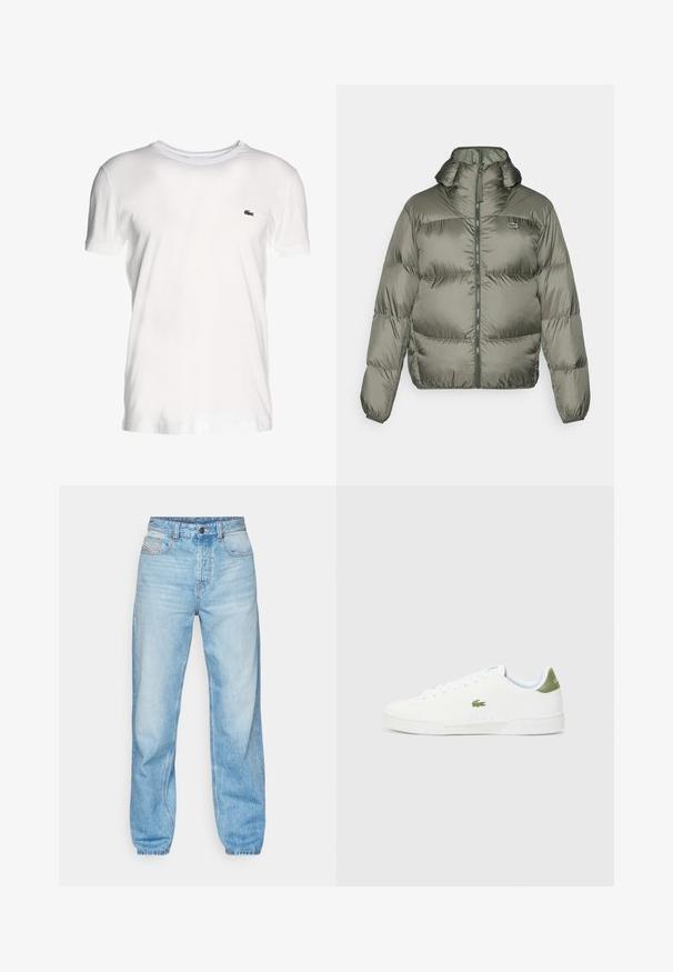Duhovni jakna u maslinastoj boji, s visokim ovratnikom, prednjim zatvaračem i elastičnim manžetama. Blago prošiven dizajn s suptilnim detaljem brendiranja.; Bijela majica s kratkim rukavima od pamuka, s okruglim izrezom i malim zelenim izvezenim logotipom s lijeve strane.; Svijetloplave traperice, ravnog kroja, s pet džepova i vidljivim dugmetom na prednjem dijelu, sa kontrastnim šavovima.; Bijele tenisice s glatkom teksturom, s zelenim akcentom na peti i malim izvezenim logotipom krokodila sa strane.