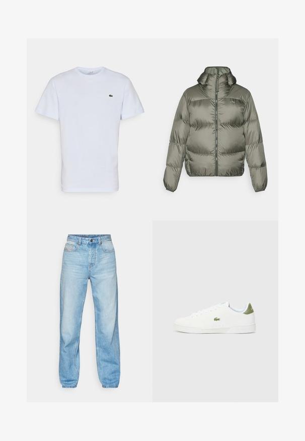 Geacă puffer în nuanță de verde măslin, cu guler înalt, fermoar în față și manșete elastice. Design ușor matlasat, cu detalii subtile de branding.; Lacoste Tricou basic - phoenix blue; Blugi de culoare albastru deschis din denim, cu croială dreaptă, design cu cinci buzunare și o deschidere cu buton vizibil cu cusături contrastante.; Adidași albi cu o textură fină, având un accent verde la călcâi și un mic logo brodat al unui crocodil pe lateral.
