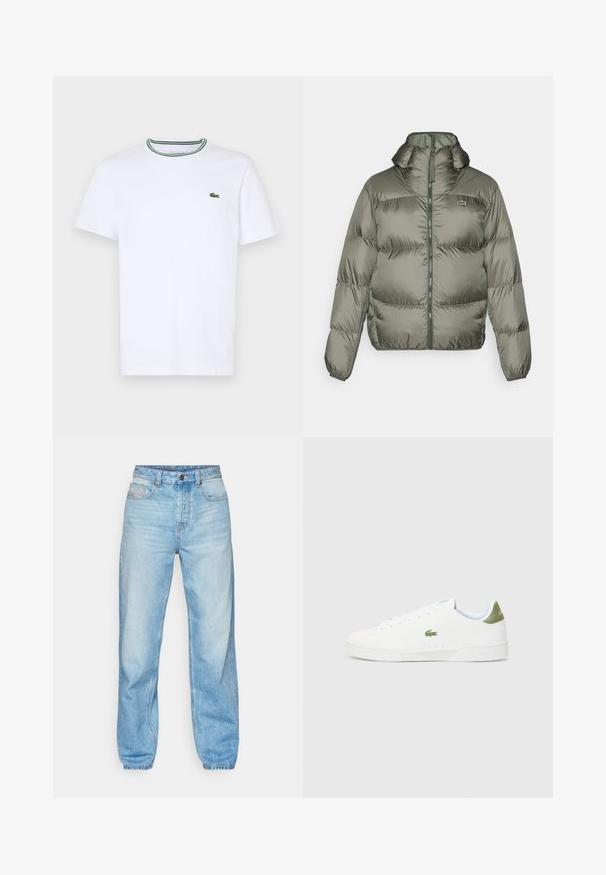 Olive spalvos pūkinė striukė, su aukštu apykakle, užtrauktuku priekyje ir elastingomis rankovėmis. Lengvai siuvinėtas dizainas su subtiliu prekiniu ženklu.; Balta medvilninė trumpo rankovės marškinėliai su įsiūtu apykakle, dekoruota žaliais ir juodais dryžiais; mažas žalias siuvinėtas logotipas kairėje krūtinės pusėje.; Šviesiai mėlyni džinsai, pagaminti iš džinsinio audinio, turi tiesų kirpimą, penkių kišenių dizainą ir matomą mygtukinę užsegimą su kontrastingu siuvimu.; Baltos sportiniai bateliai su lygaus paviršiaus tekstūra, kuriuose yra žalias akcentas kulne ir mažas siuvinėtas krokodilo logotipas šone.