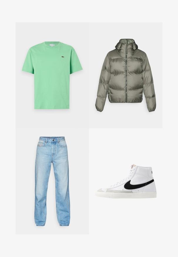 Zeleno-olivová péřová bunda s vysokým límcem, předním zipem a elastickými manžetami. Lehce prošívaný design s diskrétními detaily značky.; Mátově zelené bavlněné tričko s kulatým výstřihem, krátkými rukávy a malým vyšitým logem na levé straně hrudi.; Světle modré džíny vyrobené z denimu, s rovný střihem, pěti kapsami a viditelným zapínáním na knoflíky se kontrastním prošíváním.; Bílé vysoké tenisky s černým symbolem swoosh, texturovanou šedou špičkou a plochou bílou podrážkou. Obsahují šest očínek a prošité detaily.