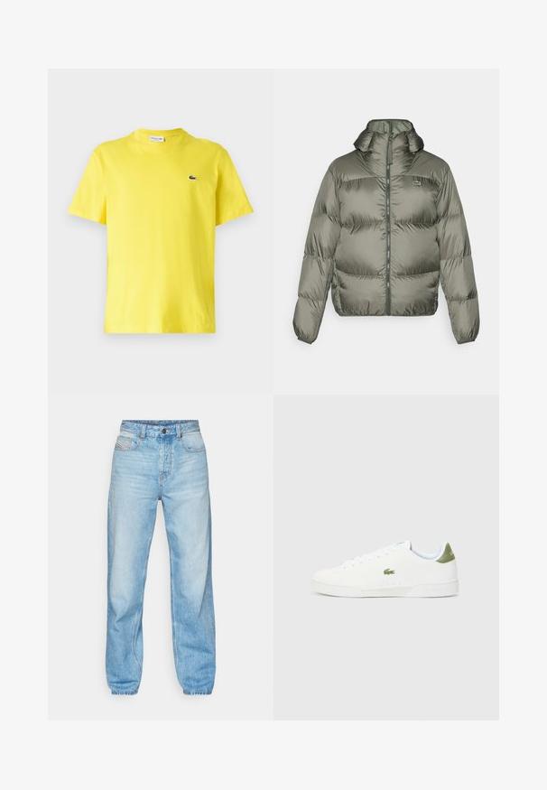 Zeleno-olivová péřová bunda s vysokým límcem, předním zipem a elastickými manžetami. Lehce prošívaný design s diskrétními detaily značky.; Žluté bavlněné tričko s kulatým výstřihem a krátkými rukávy. Na hrudi je malé černé logo Lacoste. Hladká textura.; Světle modré džíny vyrobené z denimu, s rovný střihem, pěti kapsami a viditelným zapínáním na knoflíky se kontrastním prošíváním.; Bílé tenisky s hladkým povrchem, s zeleným akcentem na patě a malým vyšívaným logem krokodýla na boku.