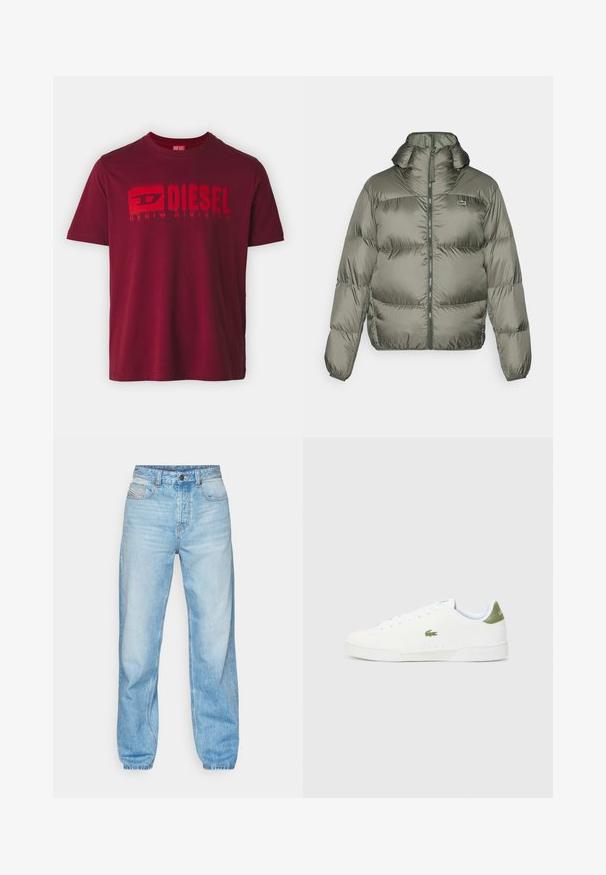 Oliivroheline puhvjakkk, millel on kõrge krae, lukuga esiosa ja elastsed varrukad. Kergelt tikandatud disain, millel on õrn brändingu detail.; Diesel ADJUST - Trükipildiga T-särk - ah40y; Heledad sinised teksad, mis on valmistatud denimist, sirge lõikega, viie taskuga disainiga ning nähtava nööbiga, millel on kontrastne õmblus.; Valged tossud siledast materjalist, millel on roheline aktsent kannaosas ja väike tikandiga krokodillilogo külgedel.