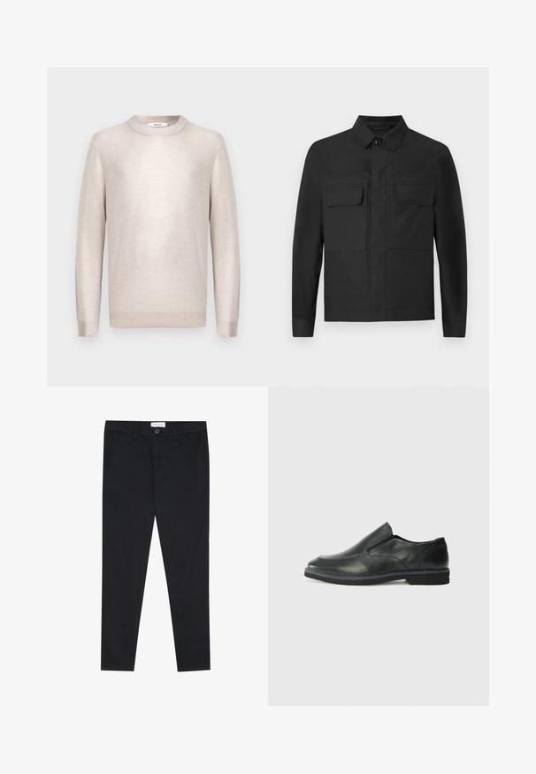 Casaco preto com um design de colarinho, mangas longas e dois bolsos no peito. Feito de um tecido suave com uma cor sólida e costuras bem feitas.; Sweater de gola redonda em bege claro, feito de um tecido de malha macio, com mangas longas e punhos e bainha canelados. Design minimalista, textura suave.; Calças pretas com um design de perna reta, feitas de tecido de algodão. Apresenta dois bolsos frontais e um fecho com botão na cintura.; Sapato slip-on preto em pele com um upper liso, acabamentos cosidos, bico arredondado e um salto de borracha baixo. A sola apresenta um padrão de aderência mínimo.