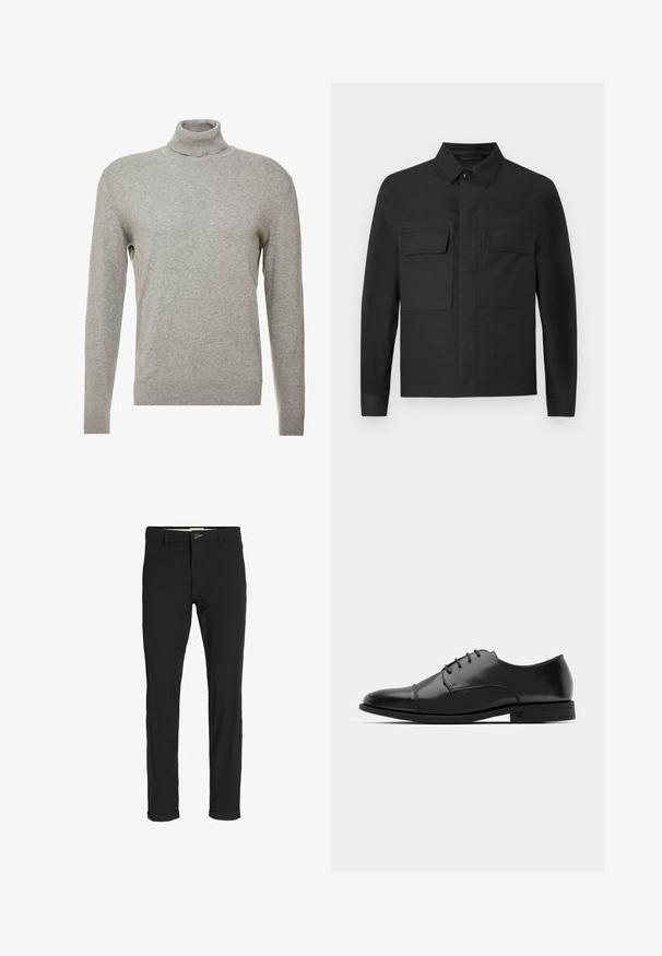 Veste noire avec un design à col, des manches longues et deux poches poitrine. Fabriquée en tissu lisse d'une couleur uniforme avec des coutures soignées.; Pull over gris avec un col haut et des manches longues. Fabriqué à partir d'un matériau lisse et doux, il possède une coupe ajustée et des accents côtelés au niveau de l'ourlet.; Pantalons noirs en mélange de coton avec une coupe slim, dotés d'une fermeture à bouton, de poches et de revers pour une finition décontractée.; Chaussure habillée noire en cuir avec un bout rond, un laçage, des détails de couture subtils et un petit talon. Texture lisse avec une finition polie.