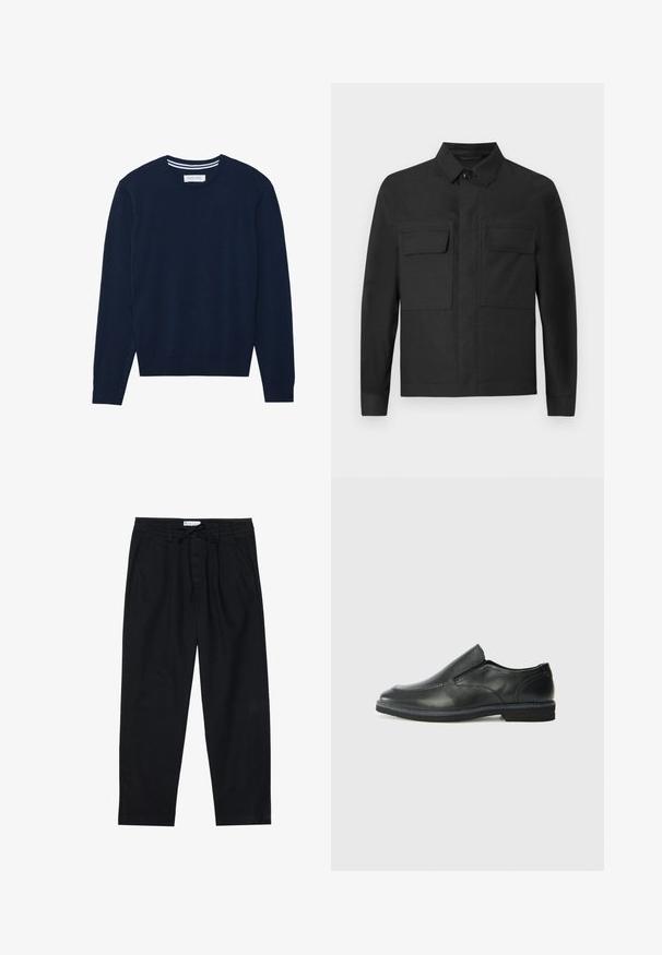 Crna jakna s ovratničkim dizajnom, dugim rukavima i dva džepa na prsima. Napravljena od glatkog materijala u jednobojnoj boji s urednim šavovima.; Tamno plavi pleteni pulover s okruglim izrezom, dugim rukavima i rebrastim manžetama. Ima kontrastni prugasti detalj na ovratniku.; Pier One Chino hlače - black; Crne kožne cipele na sklapanje s glatkom gornjom površinom, prošivenim detaljima, zaobljenim vrhom i niskim gumene potplate. Potplat ima minimalne uzorke.