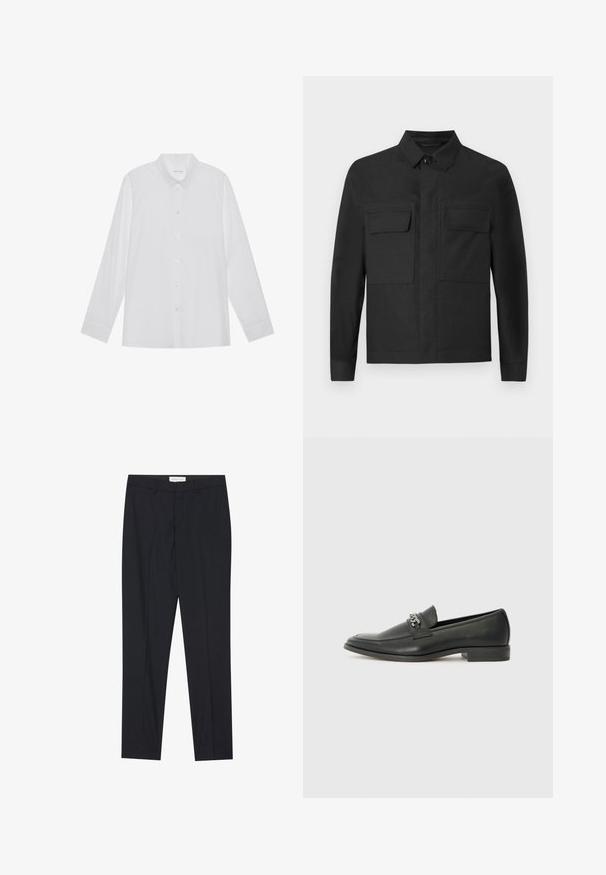 Schwarze Jacke mit kragenförmigem Design, langen Ärmeln und zwei Brusttaschen. Hergestellt aus einem glatten Stoff in einfarbiger Ausführung und sauberer Nahtverarbeitung.; Weiße Langarmbluse aus glattem Stoff, mit spitzem Kragen, Knopfleiste vorne und Ein-Knopf-Manschetten.; Schwarze maßgeschneiderte Hose mit flachem Vorderteil, normaler Passform, aus glattem Stoff, mit gebügelten Falten und Seitentaschen.; Schwarzer Lederloafer mit glatter Oberfläche, ausgestattet mit einer gesteppten Gestaltung und einem dekorativen Metallkettendetail über dem Vorderblatt. Flacher Absatz.