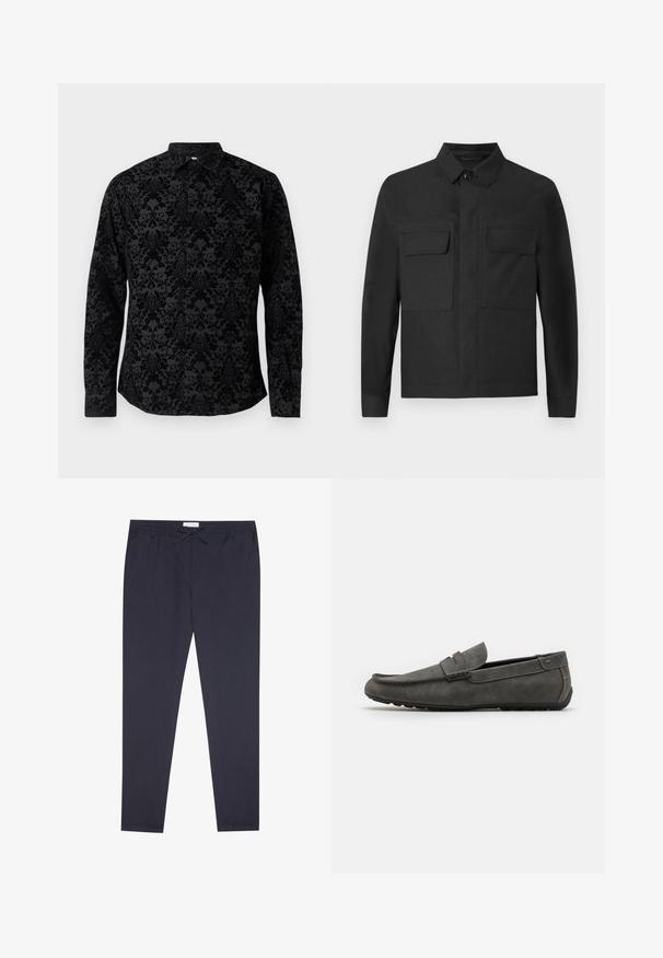 Jachetă neagră cu un design la guler, mâneci lungi și două buzunare la piept. Fabricată dintr-un material neted, cu o culoare solidă și cusături îngrijite.; Cămașă neagră cu mâneci lungi, prezentând un model texturat de damasc, guler clasic și închidere cu butoane, realizată dintr-un material moale cu un finisaj neted.; Pantaloni bleumarin confecționați dintr-un material ușor; au un talie elastică cu șnur și picioare ușor conice. Textură netedă și fără modele vizibile.; Loafer din suede gri, cu vârf rotunjit, detalii cusute și talpă plată din cauciuc. Încălțarea are o textură netedă și un accent sub formă de curea pe față.