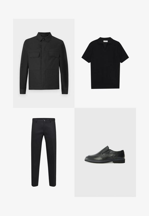 Fekete dzseki, galléros dizájnnal, hosszú ujakkal és két mellzsebbel. Simaságát tekintve anyaga egy egyszínű szövet, precíz varrással.; Fekete, rövid ujjú pólóing texturált, bordázott anyagból, v-nyakkivágással és egyenes aljjal. Nincsenek látható logók vagy minták.; Fekete, sima anyagból készült, testre szabott nadrág, gombos záródással, övhurkokkal és oldalsó zsebekkel, egyenes szárú kialakítással.; Fekete bőr, slip-on cipő sima felsőrésszel, varrott díszítéssel, lekerekített orral és alacsony gumitalppal. A talpa minimális bordázattal rendelkezik.