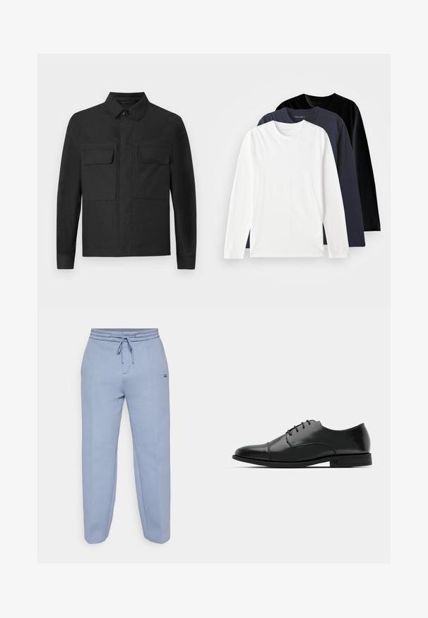 Casaco preto com um design de colarinho, mangas longas e dois bolsos no peito. Feito de um tecido suave com uma cor sólida e costuras bem feitas.; Três camisetas de manga longa empilhadas: uma branca, uma azul marinho escura e uma preta. Feitas de algodão suave, com decotes redondos e fendas laterais.; Sweatpants azul claro feitos de tecido suave, com um cós ajustável por cordão e um corte relaxado com design de perna afunilada.; Sapatilha de pele preta com biqueira arredondada, design de atacadores, detalhes de costura sutis e um salto baixo. Textura suave com acabamento polido.