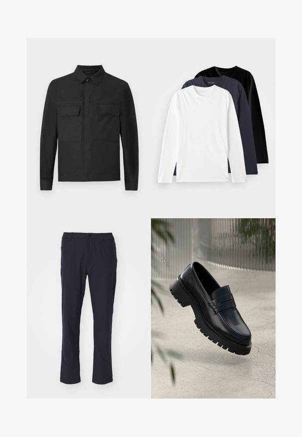 Svart jacka med kragdesign, långa ärmar och två bröstfickor. Tillverkad av ett slätt tyg med en enhetlig färg och snygg sömnad.; Tre långärmade T-shirts staplade: en vit, en mörknavy och en svart. Tillverkade av mjuk bomull, med rund halsringning och sidofickor.; Marinblå, raka byxor i slätt tyg. Har en framknapp, bältesöglor och sidofickor. Enkelt design utan mönster.; Svarta läder loafers med en kraftig sula, med en dekorativ rem och sömdetaljer. Slät yta med en polerad finish.